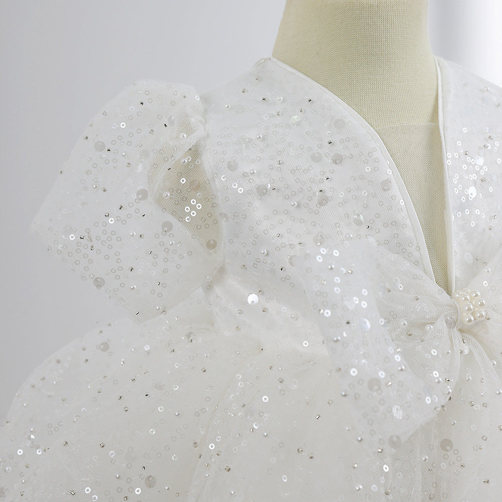 White Sequined Baby Puffy Dress, Toddler Girl Birthday Tutu Baby Girl Dress