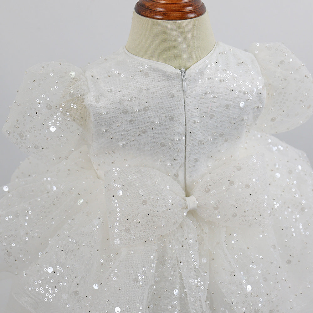 White Sequined Baby Puffy Dress, Toddler Girl Birthday Tutu Baby Girl Dress