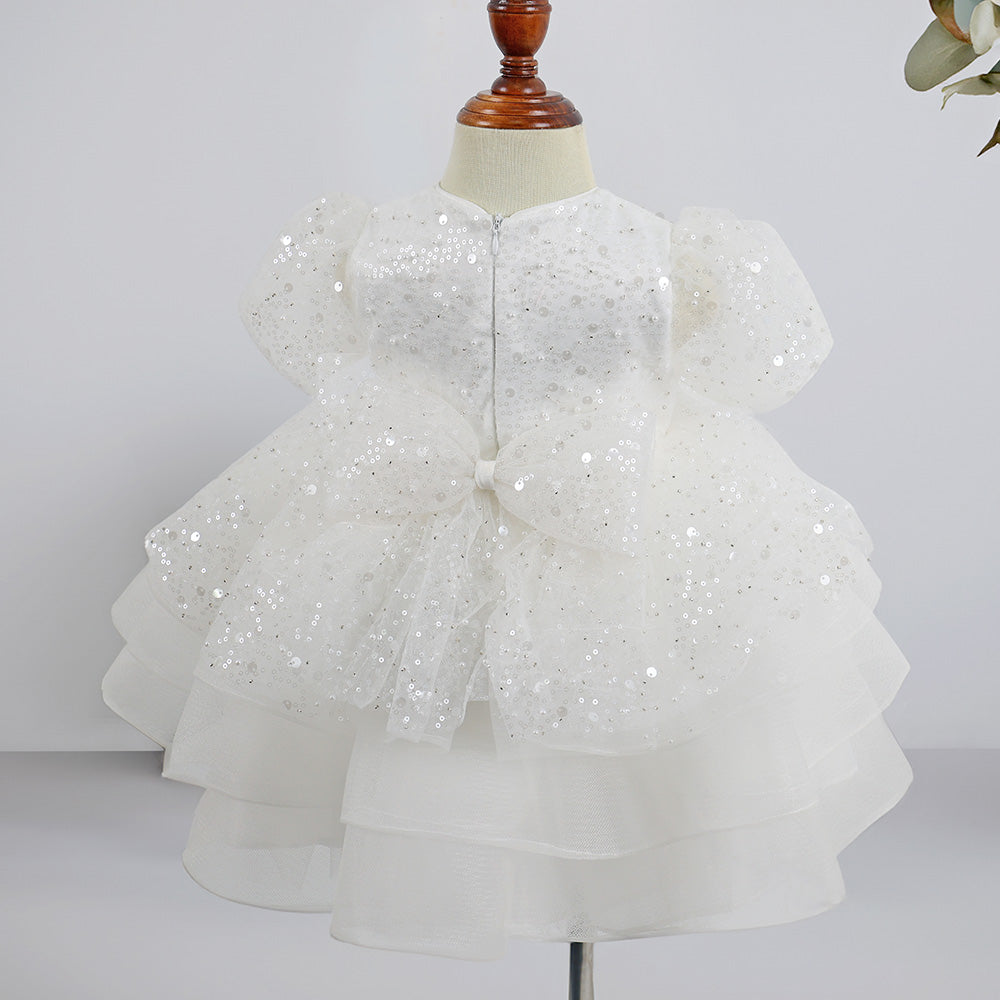 White Sequined Baby Puffy Dress, Toddler Girl Birthday Tutu Baby Girl Dress