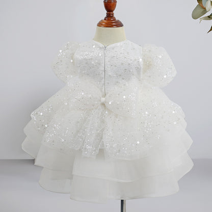 White Sequined Baby Puffy Dress, Toddler Girl Birthday Tutu Baby Girl Dress