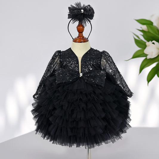 Black Sequined Baby Puffy Dress, Toddler Girl Birthday Tutu Baby Girl Dress