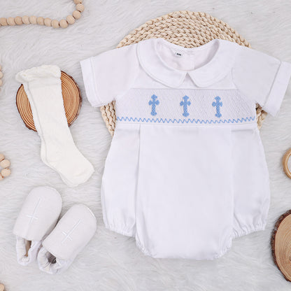 White & Blue Cross Smocked Romper - Baby Boy Baptism Outfit