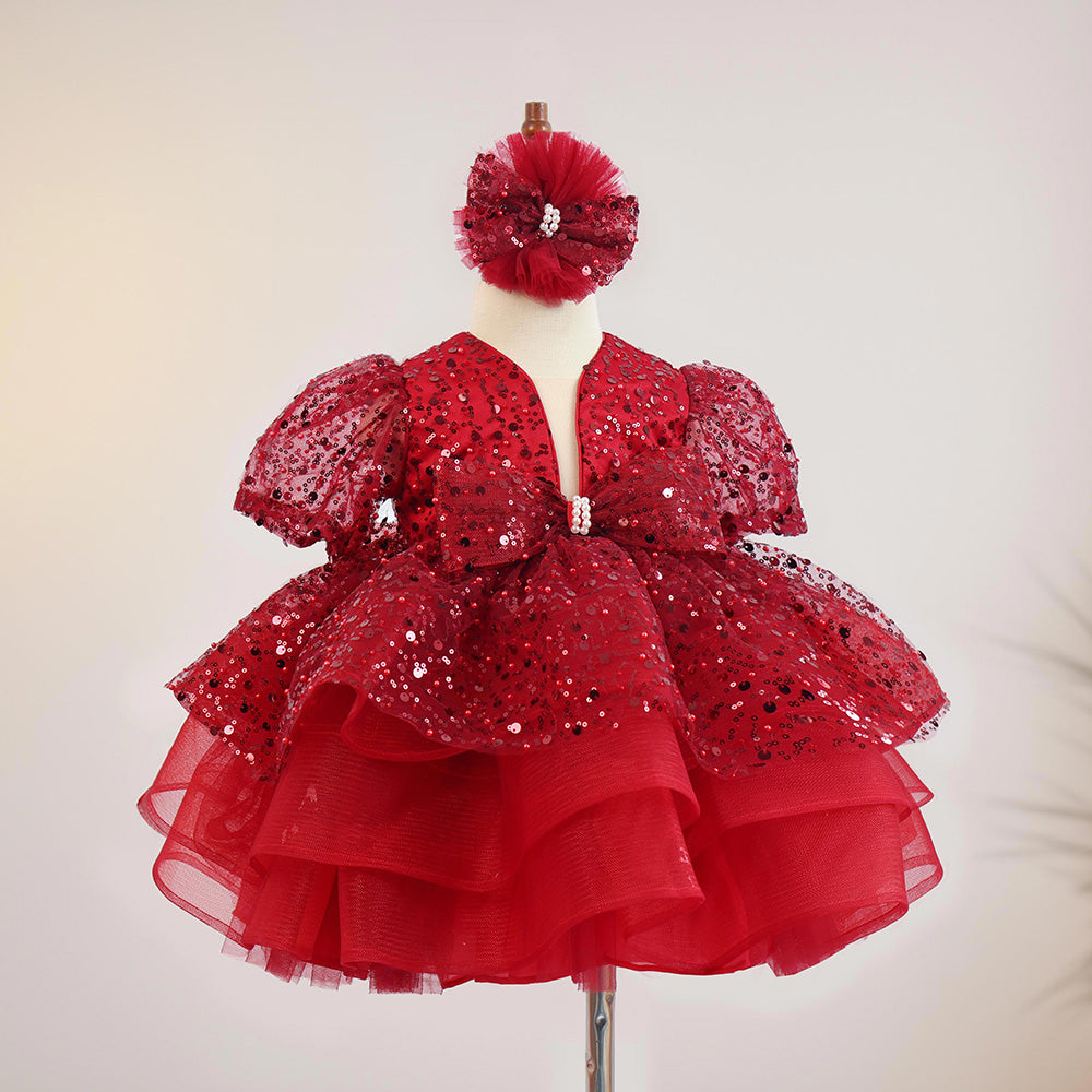 Red Sequined Baby Puffy Dress, Toddler Girl Birthday Tutu Baby Girl Dress