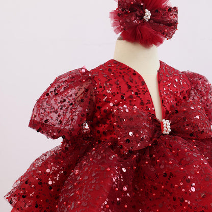 Red Sequined Baby Puffy Dress, Toddler Girl Birthday Tutu Baby Girl Dress