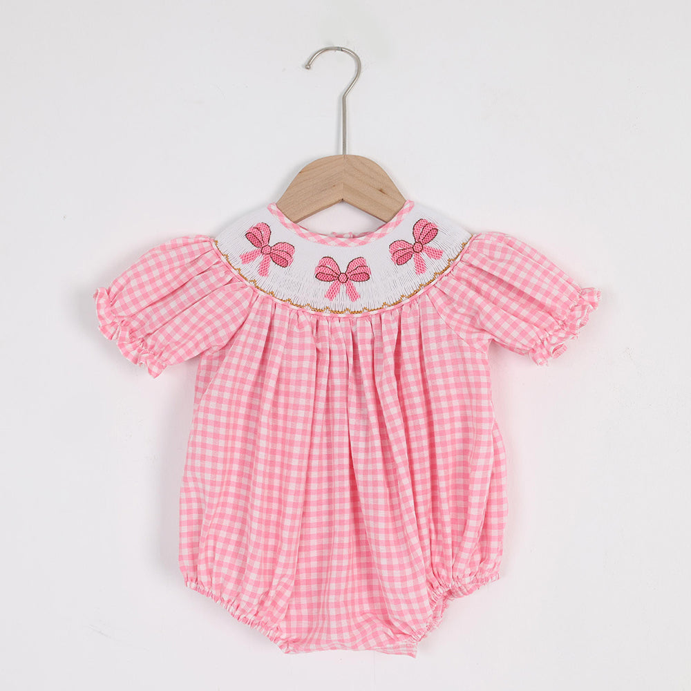 Long Length Birthday Pink Romper With Bow - Smocked Bubble Romper, Birthday Party Dress