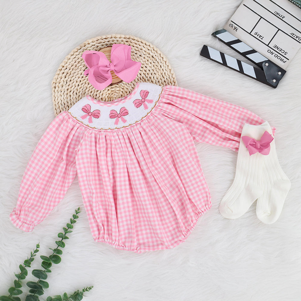 Long Length Birthday Pink Romper With Bow - Smocked Bubble Romper, Birthday Party Dress