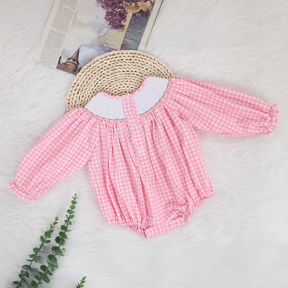 Long Length Birthday Pink Romper With Bow - Smocked Bubble Romper, Birthday Party Dress
