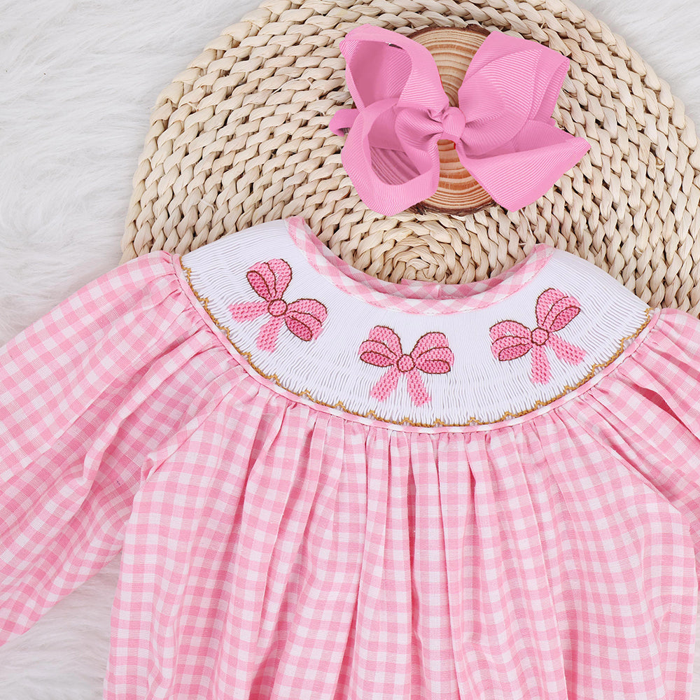 Long Length Birthday Pink Romper With Bow - Smocked Bubble Romper, Birthday Party Dress