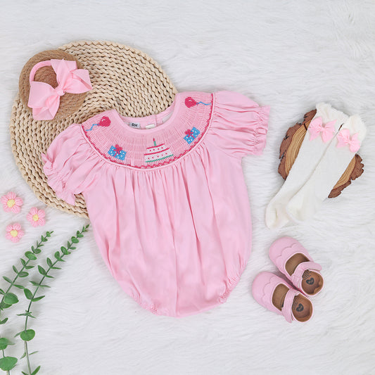 Birthday Pink Romper, Smocked Bubble Romper - Birthday Baby Gift