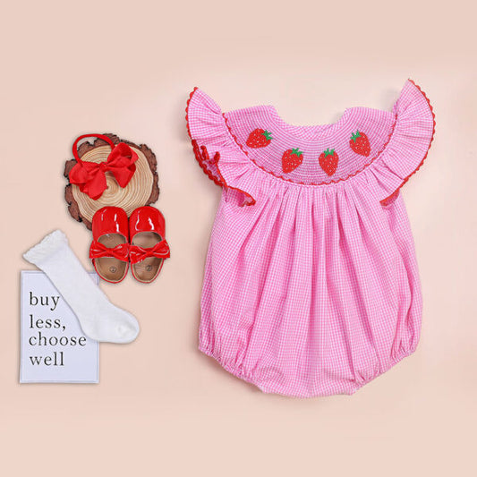 Sweet One Baby Set, Strawberry-Themed Romper, Perfect for Cake Smash Photoshoot, Berry Smocked Romper