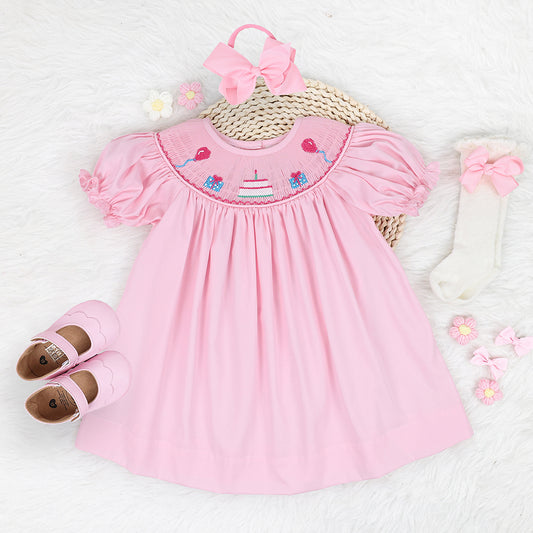 Birthday Pink Dress, Smocked Bubble Dress - Birthday Baby Gift