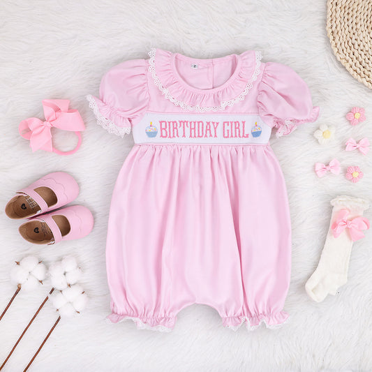 Birthday Party Dress - Birthday Pink Romper, Smocked Bubble Romper