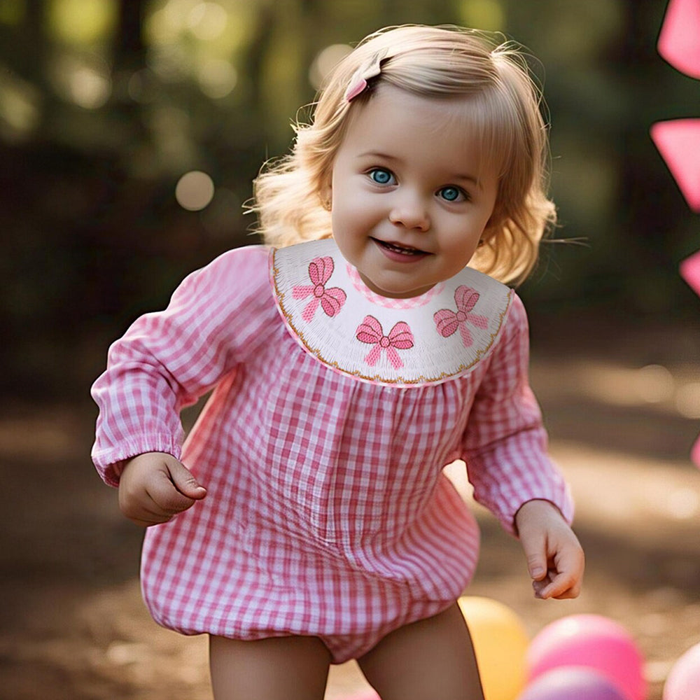 Long Length Birthday Pink Romper With Bow - Smocked Bubble Romper, Birthday Party Dress