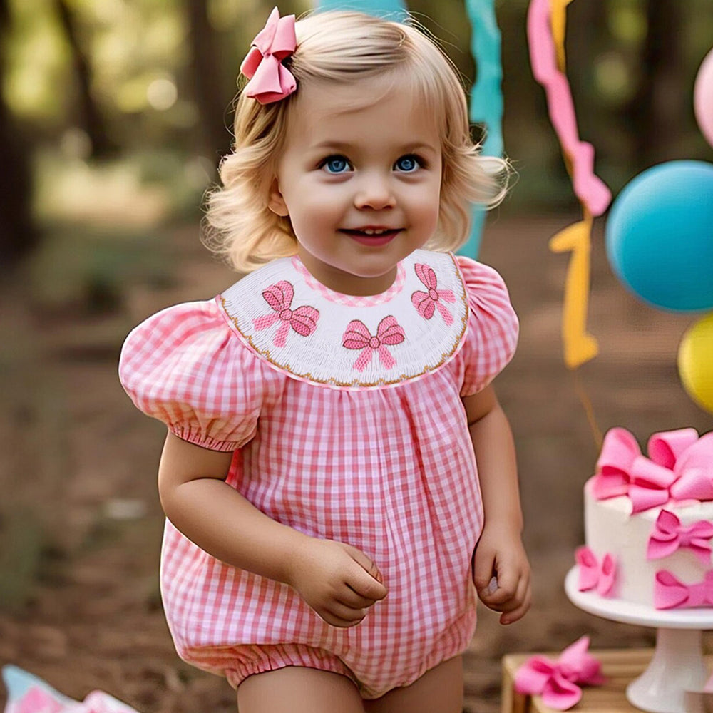 Long Length Birthday Pink Romper With Bow - Smocked Bubble Romper, Birthday Party Dress