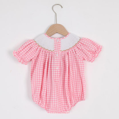 Pink Gingham Smocked Bubble Romper – Embroidered Bows, Sweet Coquette Style, Puff Sleeves, Sweet One Birthday Outfit, Cute Baby Girl Look!
