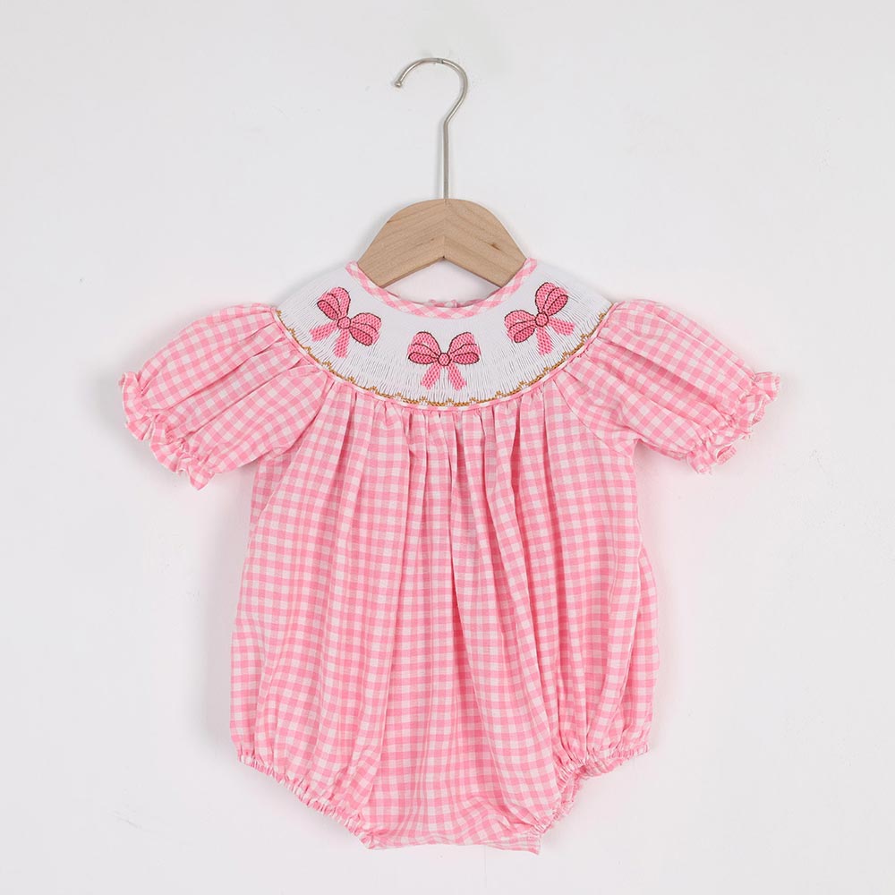Pink Gingham Smocked Bubble Romper – Embroidered Bows, Sweet Coquette Style, Puff Sleeves, Sweet One Birthday Outfit, Cute Baby Girl Look!