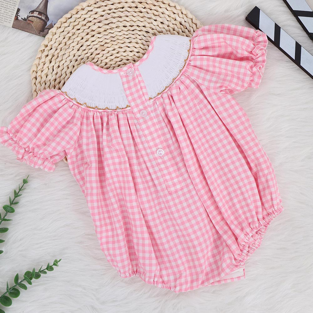 Pink Gingham Smocked Bubble Romper – Embroidered Bows, Sweet Coquette Style, Puff Sleeves, Sweet One Birthday Outfit, Cute Baby Girl Look!