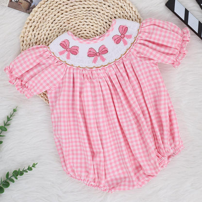 Pink Gingham Smocked Bubble Romper – Embroidered Bows, Sweet Coquette Style, Puff Sleeves, Sweet One Birthday Outfit, Cute Baby Girl Look!