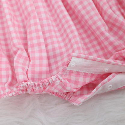 Pink Gingham Smocked Bubble Romper – Embroidered Bows, Sweet Coquette Style, Puff Sleeves, Sweet One Birthday Outfit, Cute Baby Girl Look!
