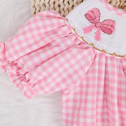 Pink Gingham Smocked Bubble Romper – Embroidered Bows, Sweet Coquette Style, Puff Sleeves, Sweet One Birthday Outfit, Cute Baby Girl Look!