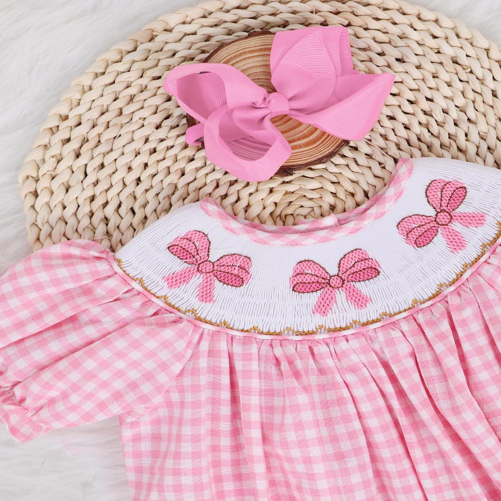Pink Gingham Smocked Bubble Romper – Embroidered Bows, Sweet Coquette Style, Puff Sleeves, Sweet One Birthday Outfit, Cute Baby Girl Look!