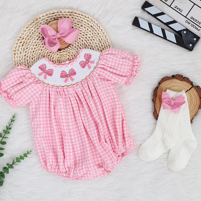 Pink Gingham Smocked Bubble Romper – Embroidered Bows, Sweet Coquette Style, Puff Sleeves, Sweet One Birthday Outfit, Cute Baby Girl Look!