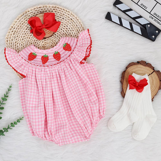 Birthday Strawberry Romper Bubble, Smocked Romper, Berry First Birthday, Sweet One Romper, Strawberry Theme, Pink Gingham, Summer Outfit