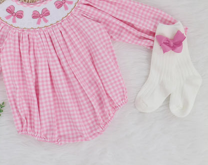Pink Gingham Smocked Bubble Romper – Embroidered Bows, Sweet Coquette Style, Puff Sleeves, Sweet One Birthday Outfit, Cute Baby Girl Look!